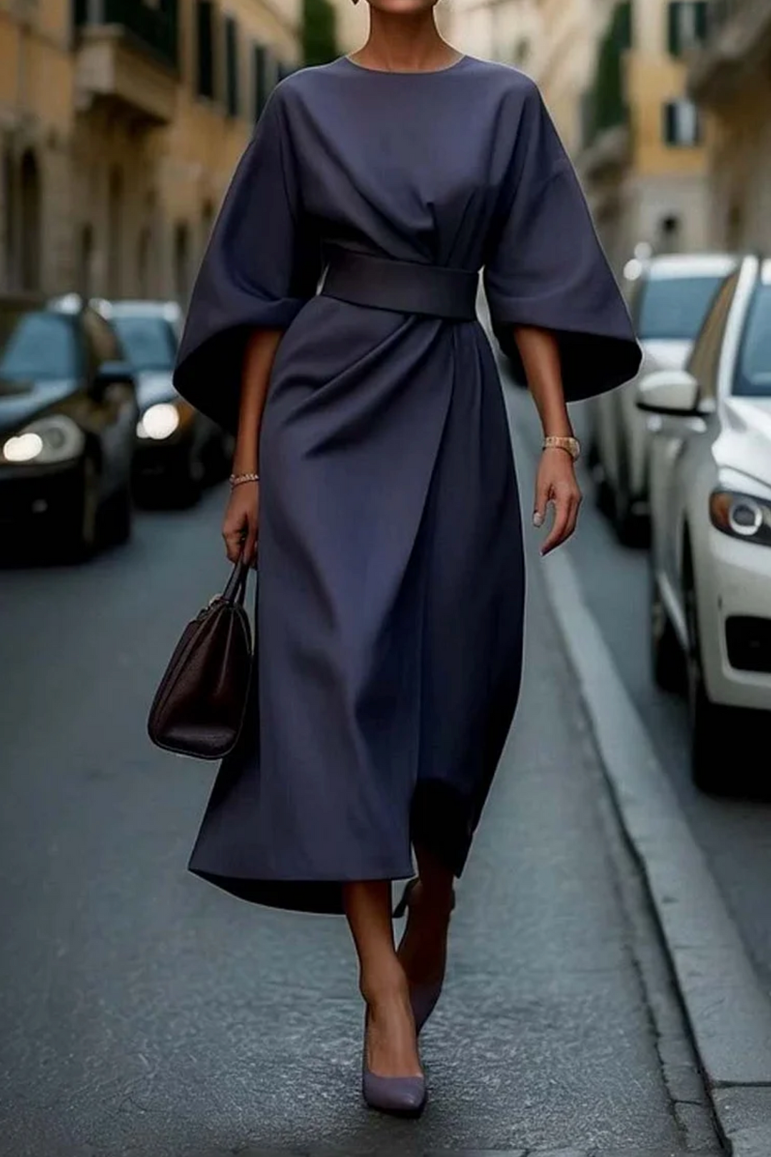 Robe de soirée femme chic avec manches lanternes et silhouette sublimée, idéale pour cocktail.