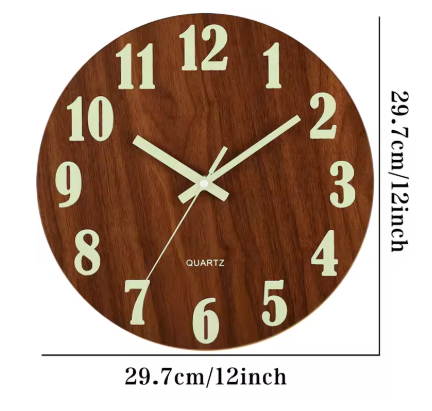 Horloge murale 30cm, moderne, silencieuse. Chiffres lumineux visibles la nuit. Décoration élégante.
