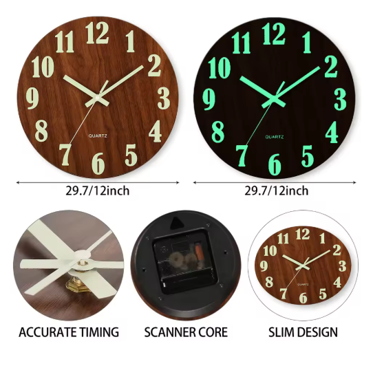 Horloge murale design minimaliste, silencieuse, 30 cm, lumineuse. Mouvement quartz précis.