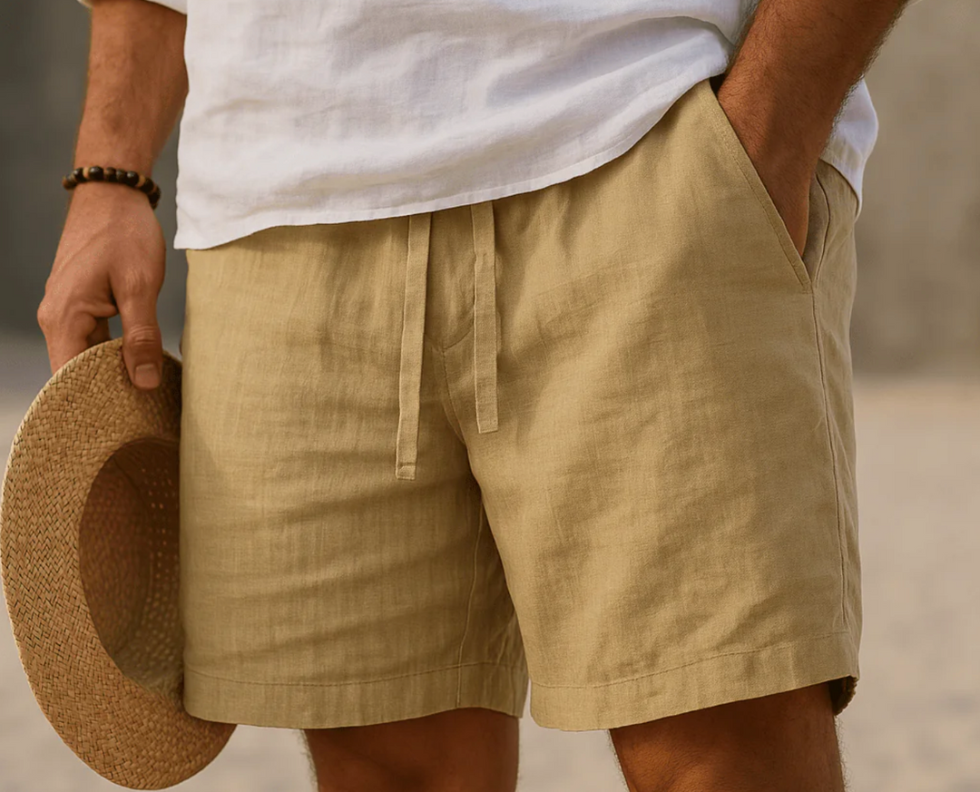 Short bermuda homme léger en lin pour l'été, taille élastique et poches, parfait pour le confort décontracté.