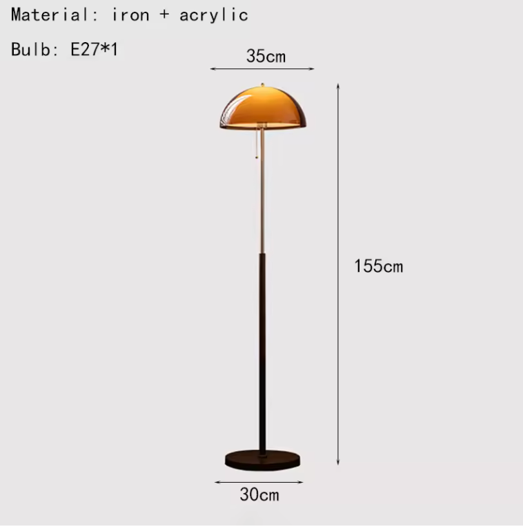 Lampe de sol Rustina, dôme ambré diffusant une lumière chaude, idéale pour une ambiance cosy salon.