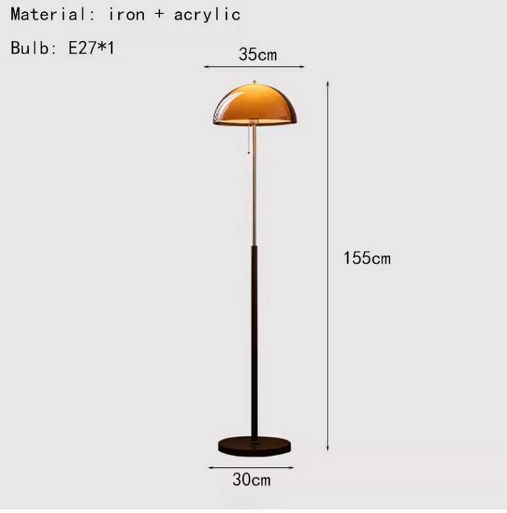 Lampe de sol Rustina, dôme ambré diffusant une lumière chaude, idéale pour une ambiance cosy salon.