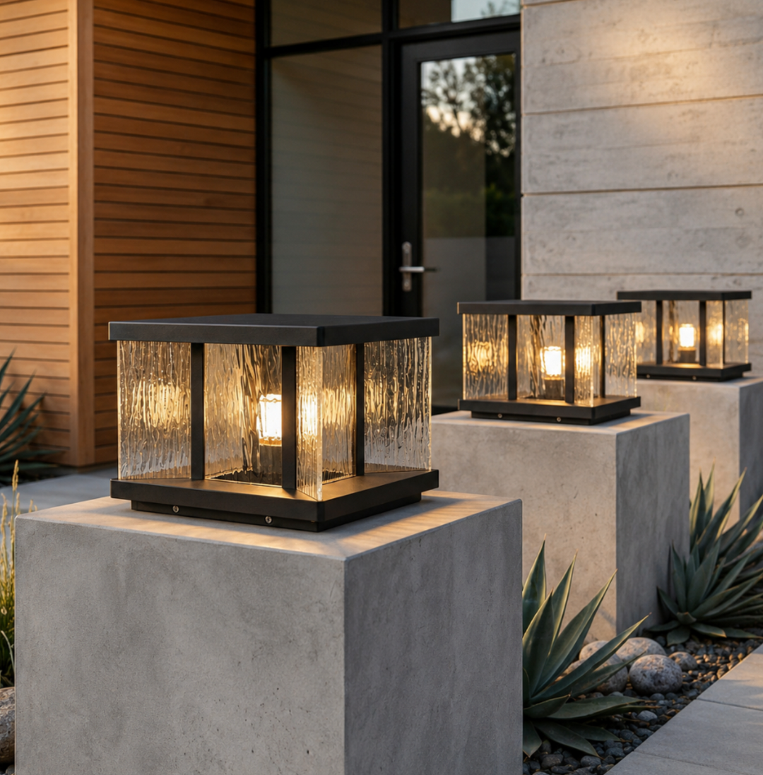 Lampe de pilier LED moderne, étanche IP65, pour éclairage d'allée et sécurité de jardin.