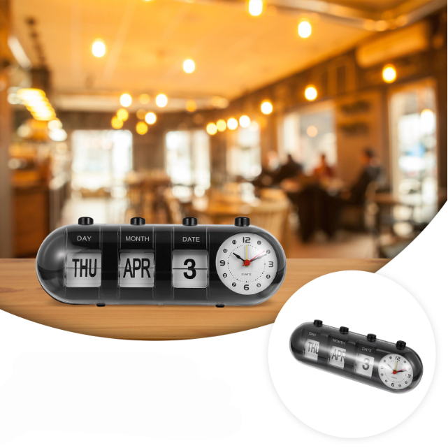 Horloge analogique compacte pour table, avec calendrier. Parfaite déco rétro pour chambre, salon ou bureau.