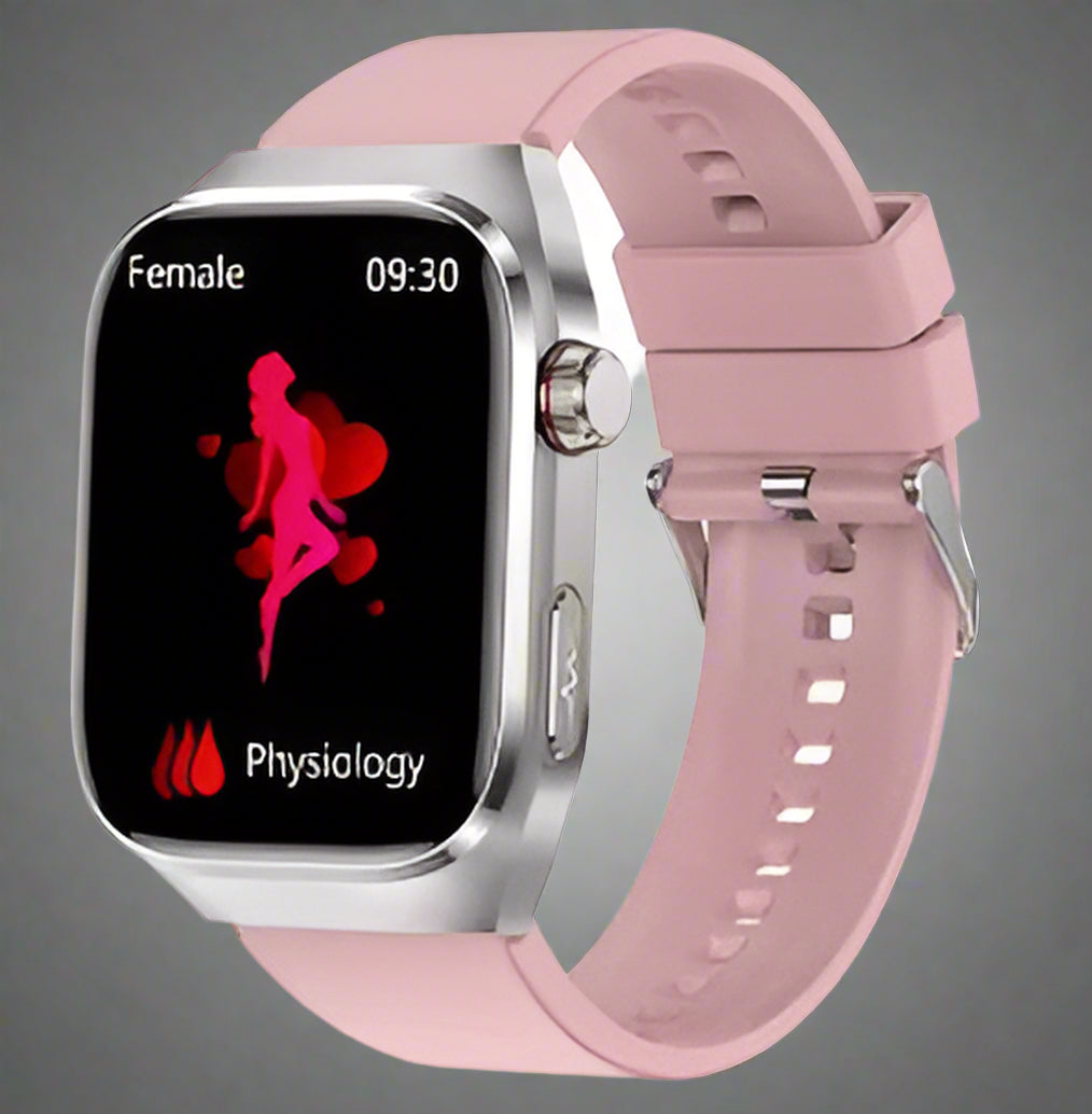 Montre connectée unisexe au poignet. Bracelet noir, écran lumineux, suivi santé et sport complet.