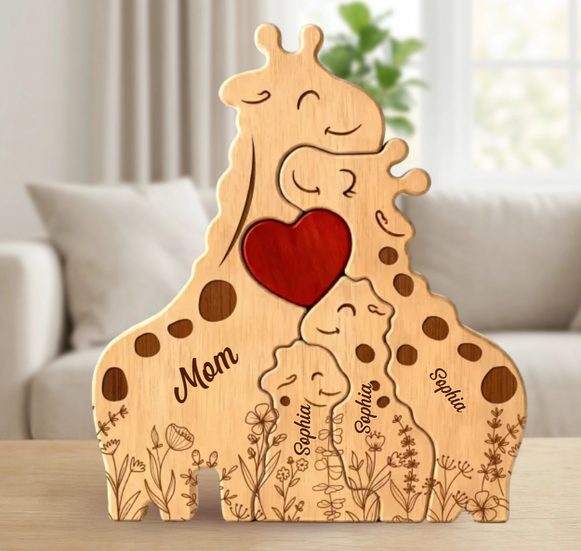 Décoration maison élégante : sculpture girafe en bois, art puzzle pour un intérieur chaleureux.