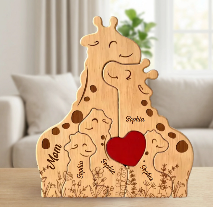 Pièce d'art en bois sculpté, girafes famille mère enfant, design élégant et moderne.