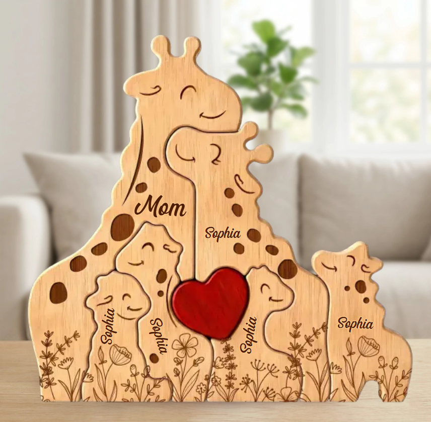 Magnifique souvenir personnalisé : sculpture girafe en bois, cadeau familial et intemporel.