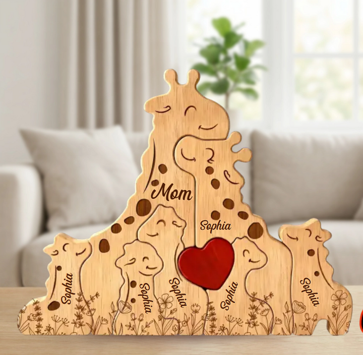 Vue latérale du puzzle artistique en bois, sculpture de girafes à assembler soi-même.