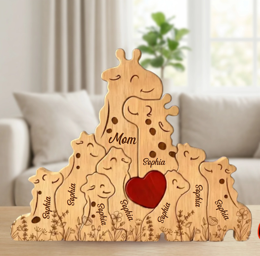 Sculpture girafe en bois sous un angle unique, art moderne et chaleureux pour tout intérieur.