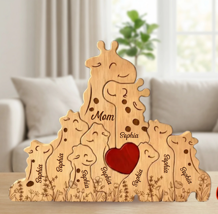 Sculpture girafe en bois sous un angle unique, art moderne et chaleureux pour tout intérieur.