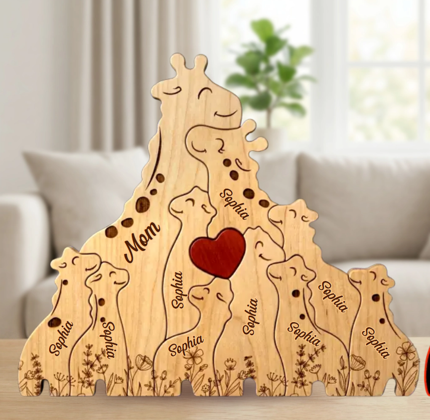 Ensemble de girafes en bois, sculpture d'art symbolisant la force et l'amour familial durable.
