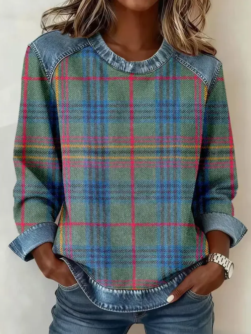 Sweatshirt femme patchwork col rond, motif floral embossé. Confortable et élégant pour toute saison.
