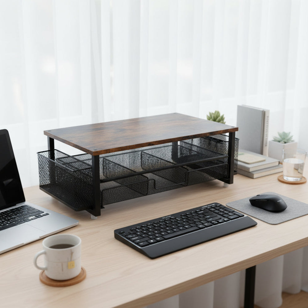 Support moniteur avec étagère de rangement intégrée, idéal pour l'organisation du bureau et la productivité.