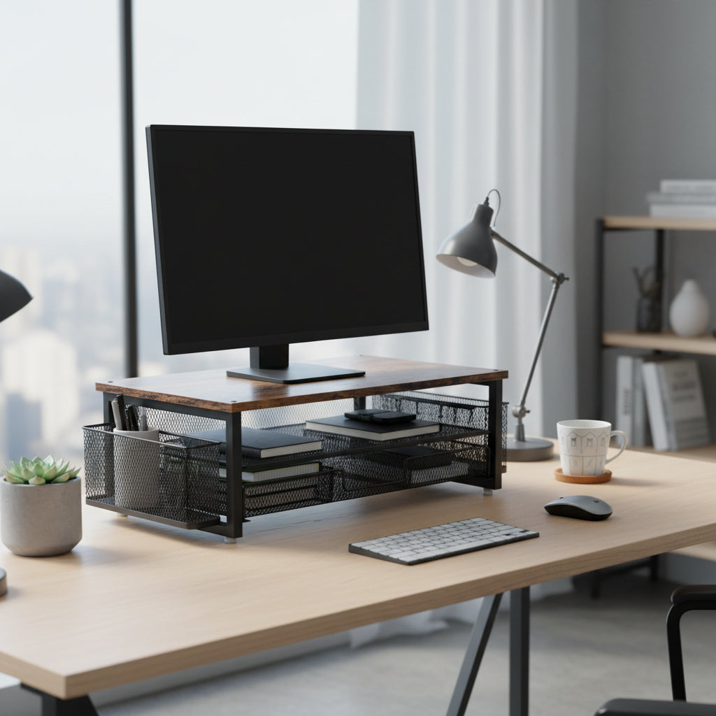 Organisation de bureau : étagère et support moniteur ergonomique en fer pour un espace de travail optimisé.