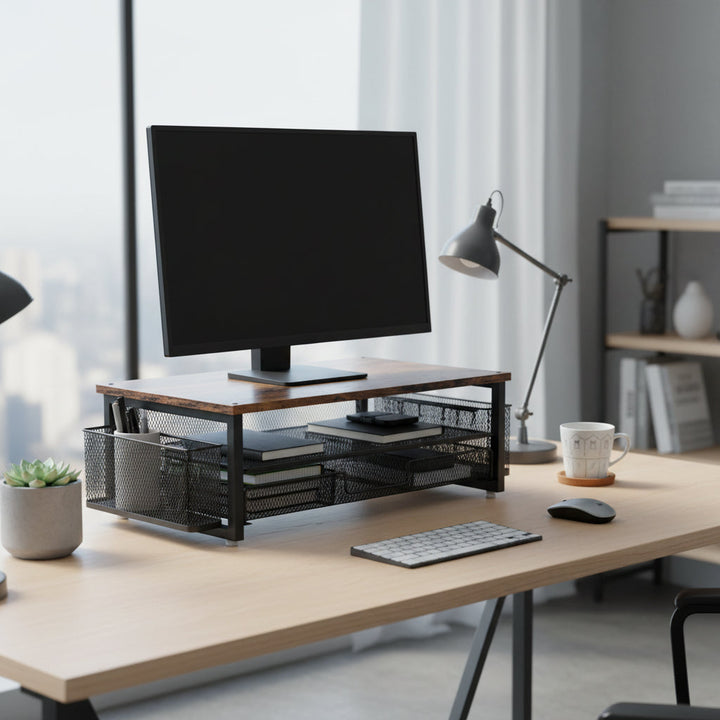 Organisation de bureau : étagère et support moniteur ergonomique en fer pour un espace de travail optimisé.