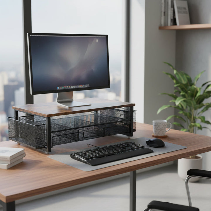 Étagère de bureau ergonomique en fer, support moniteur pour un poste de travail organisé et confortable.