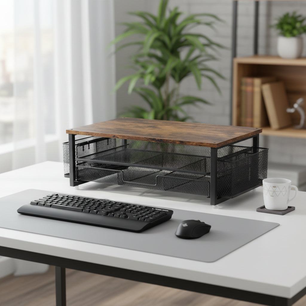 Étagère de bureau multifonctionnelle en fer, support écran ergonomique avec rangement pour un poste de travail rangé.