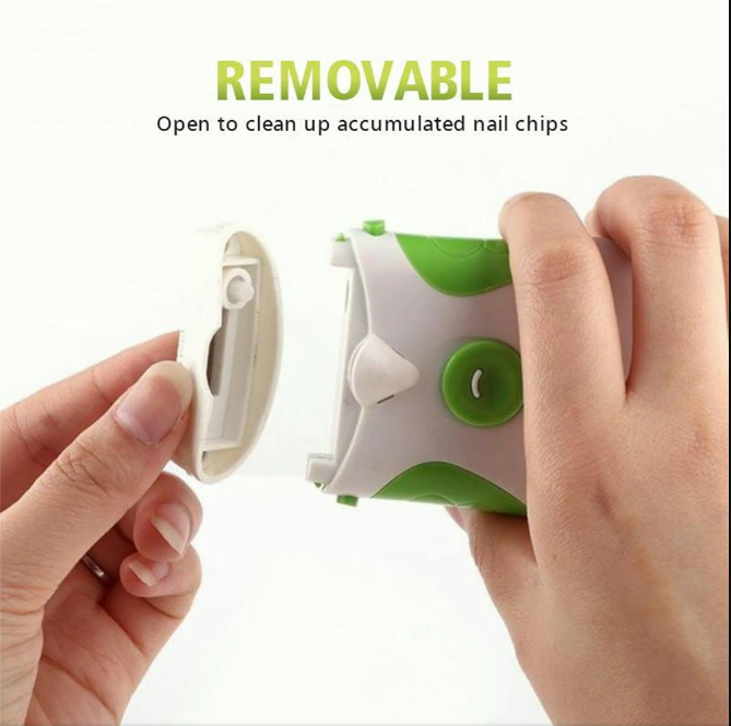 Vue détaillée du coupe-ongles électrique avec lime intégrée, entretien des ongles adultes pour une manucure et pédicure facile.