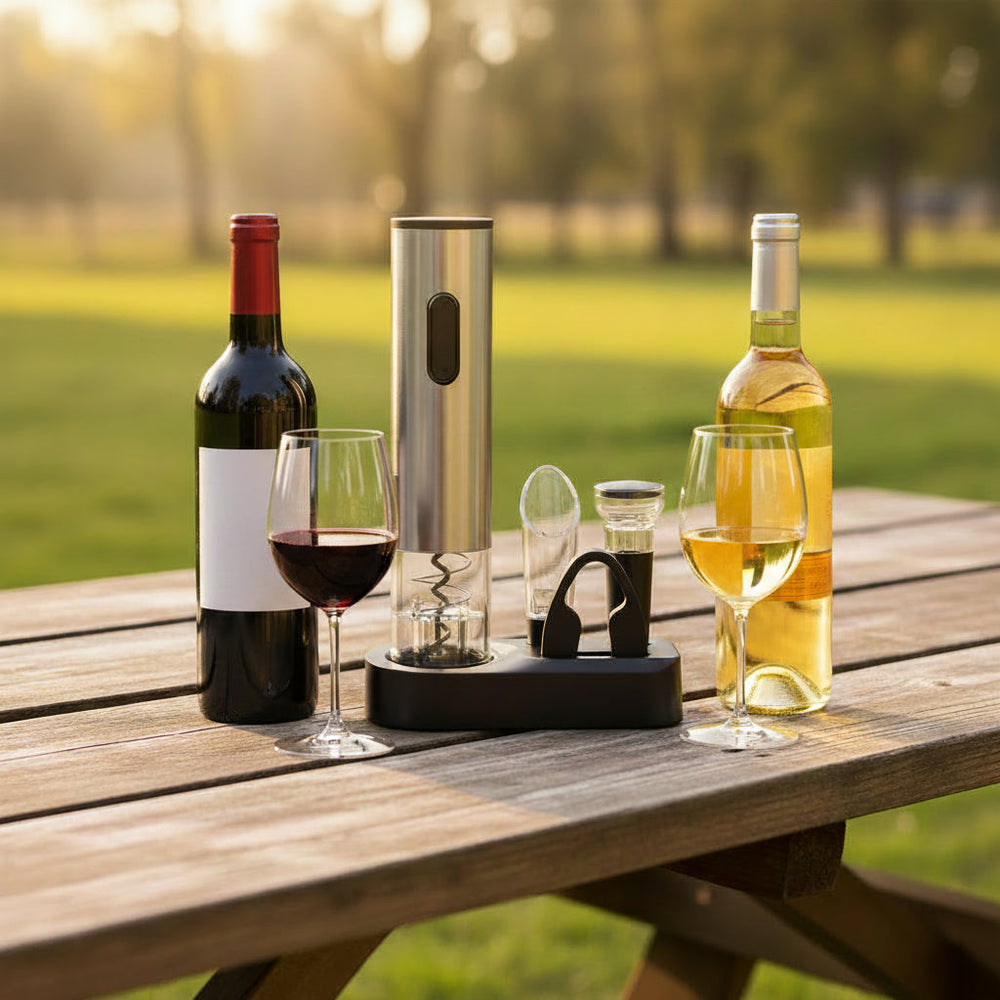 Kit vin tout-en-un: tire-bouchon électrique, coupe-capsule, bouchon sous vide. Accessoires sommelier pro.