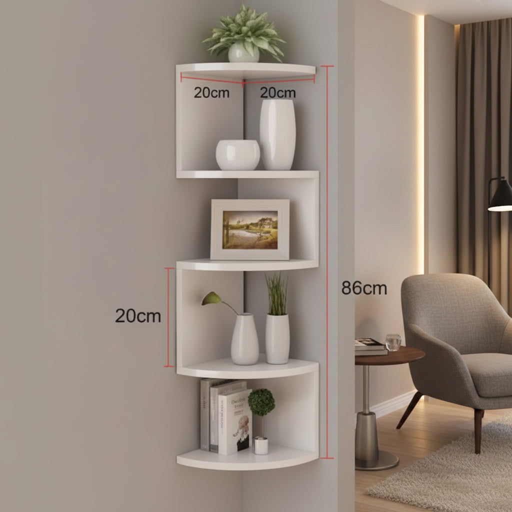Étagère d'angle murale polyvalente pour salon, chambre ou bureau. Rangement gain de place, décoration maison moderne.