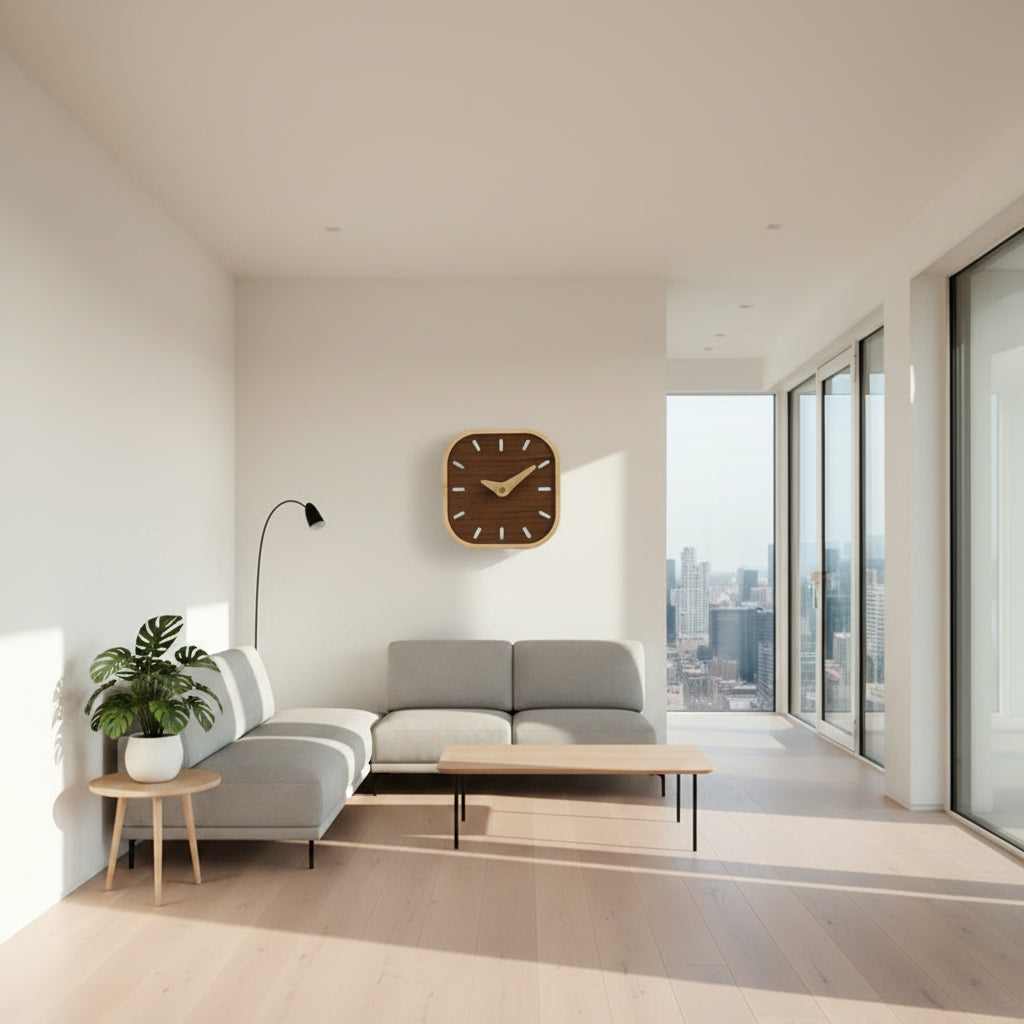 Pendule murale carrée en bois naturel fait main, style moderne. Décoration silencieuse pour un intérieur chaleureux.