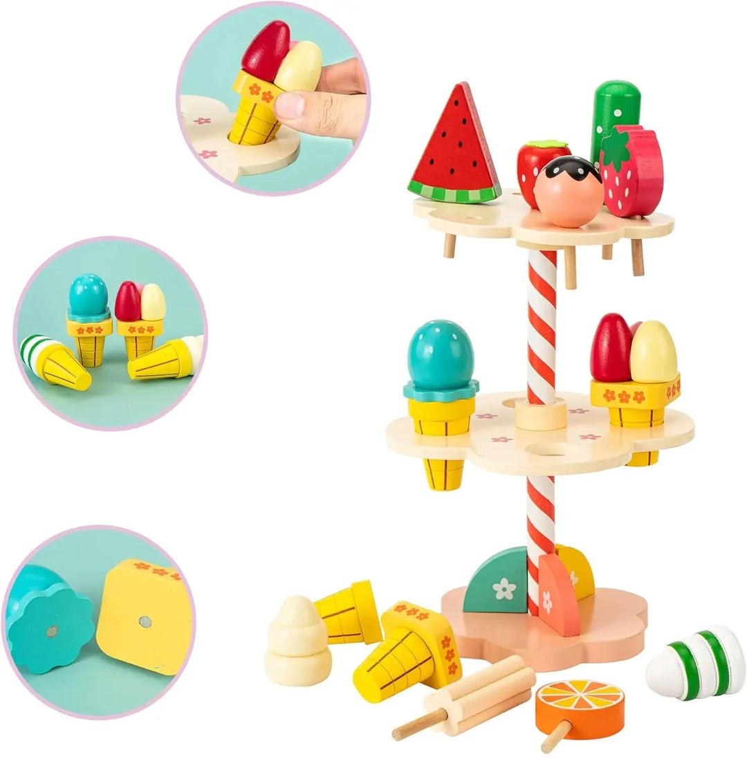 Détails des desserts et glaces en bois du jeu de comptoir éducatif, parfait pour petits vendeurs.