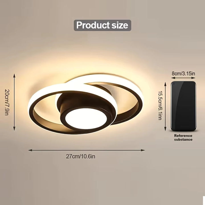 Lustre LED double anneau design, éclairage moderne pour salon ou chambre à coucher.