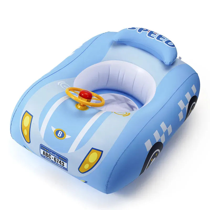 Bouée bébé voiture gonflable avec volant, idéale piscine et plage. Sécurité enfants, jeux aquatiques amusants.