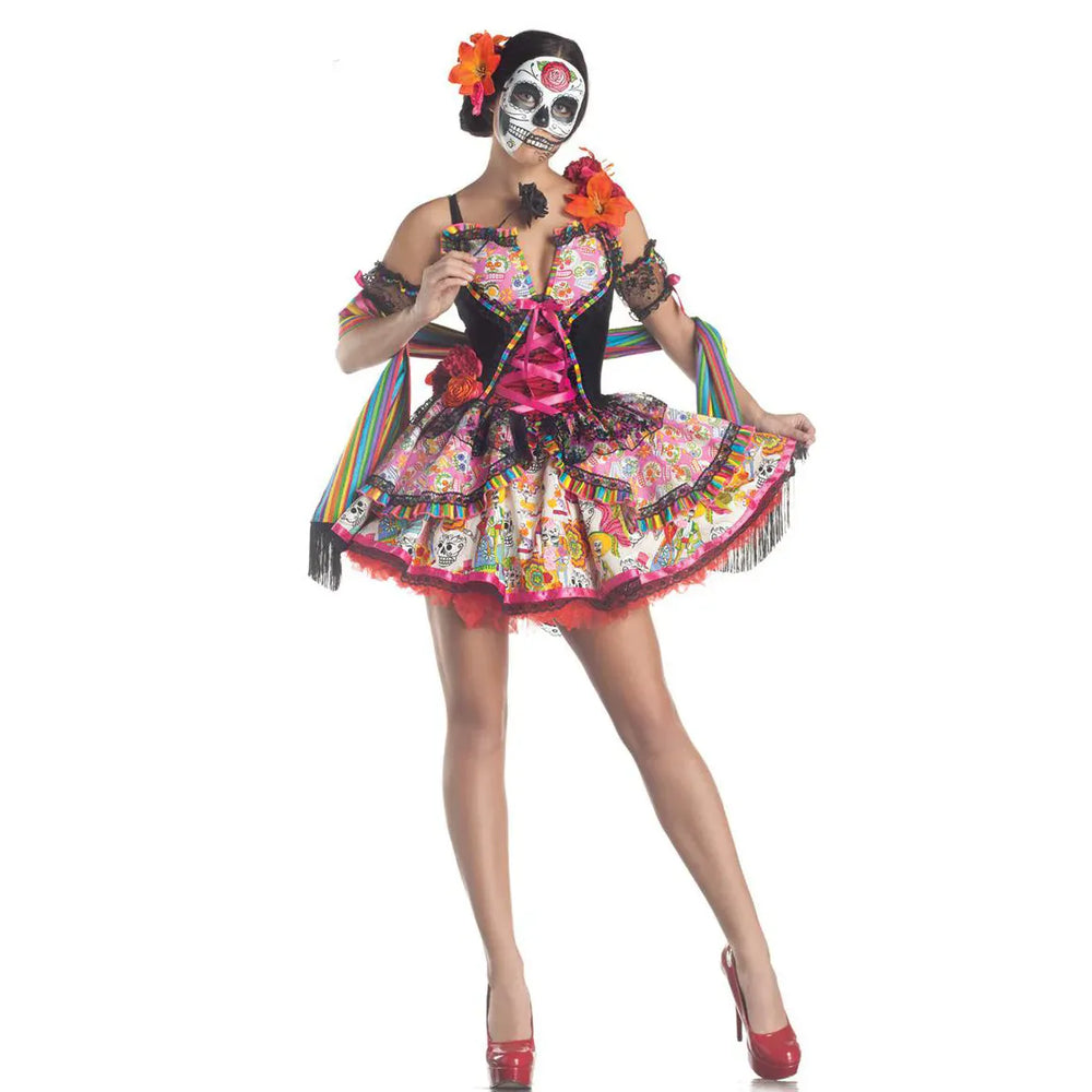 Robe déguisement Jour des Morts femme, motifs floraux colorés vifs mexicains. Idéal pour Halloween, carnaval, fête.