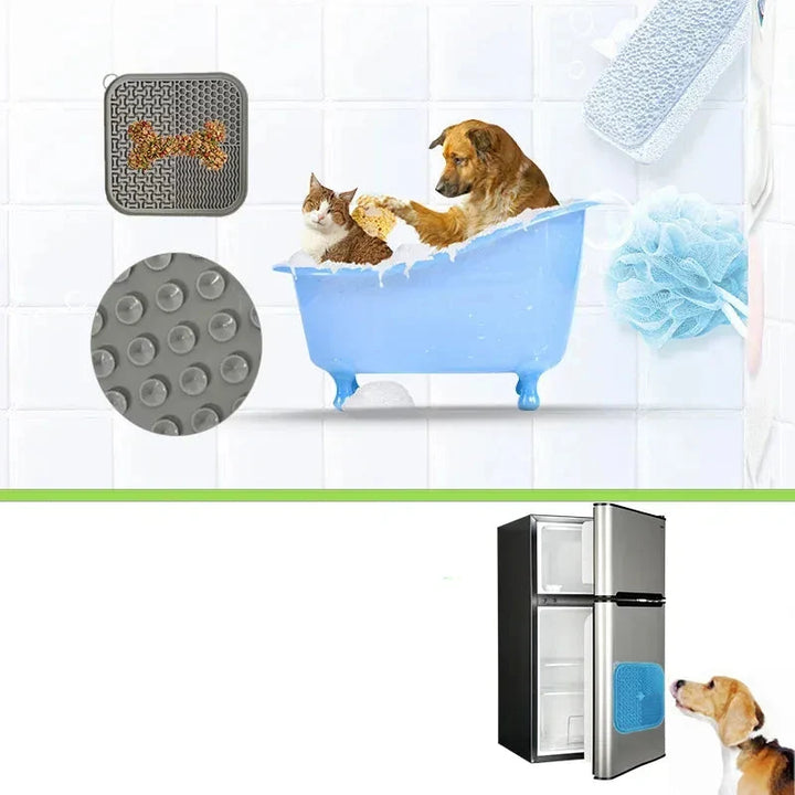 Gros plan sur un tapis de léchage en silicone avec motifs, jouet distributeur anti-stress pour chien/chat.