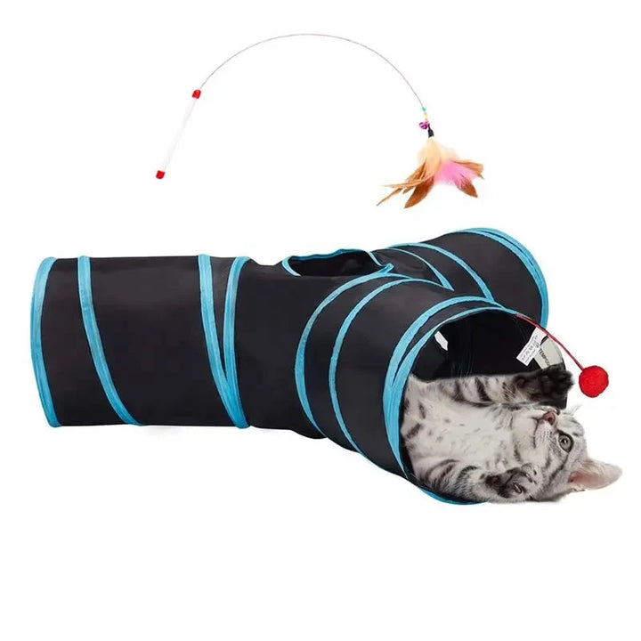 Gros plan tunnel de jeu 3 voies pliable pour chat, tissu résistant, ouvertures pour le jeu félin interactif et sûr.