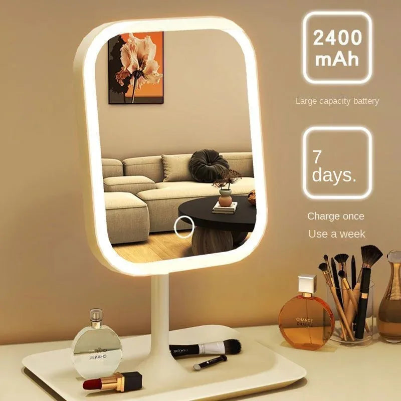 Miroir LED de maquillage blanc pour femme, éclairage 3 couleurs. Commande tactile pour beauté optimale.