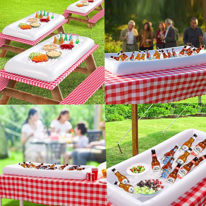 Bar flottant gonflable pour piscine, idéal pour servir des boissons fraîches et de la glace lors de fêtes estivales.