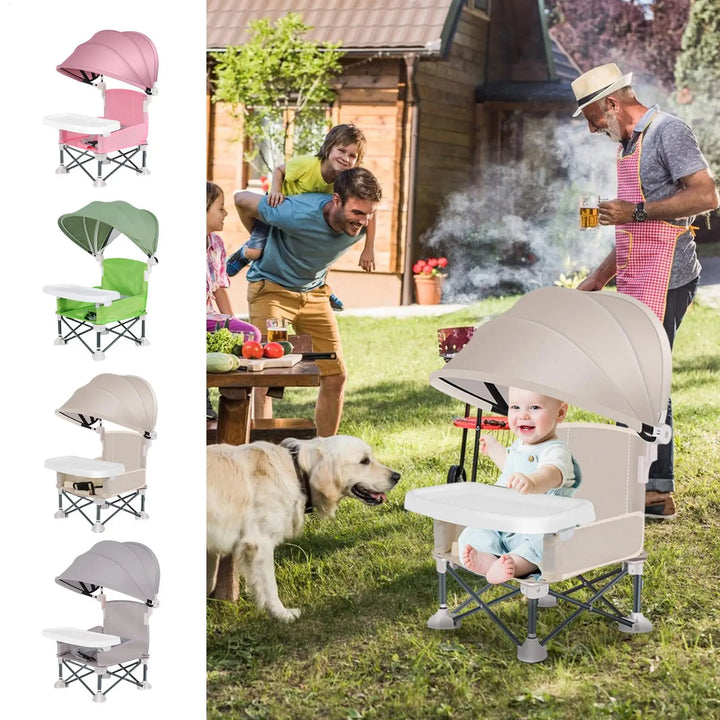 Compacte et sécurisée, cette chaise haute pliable pour bébé est parfaite pour les repas en extérieur et voyage.