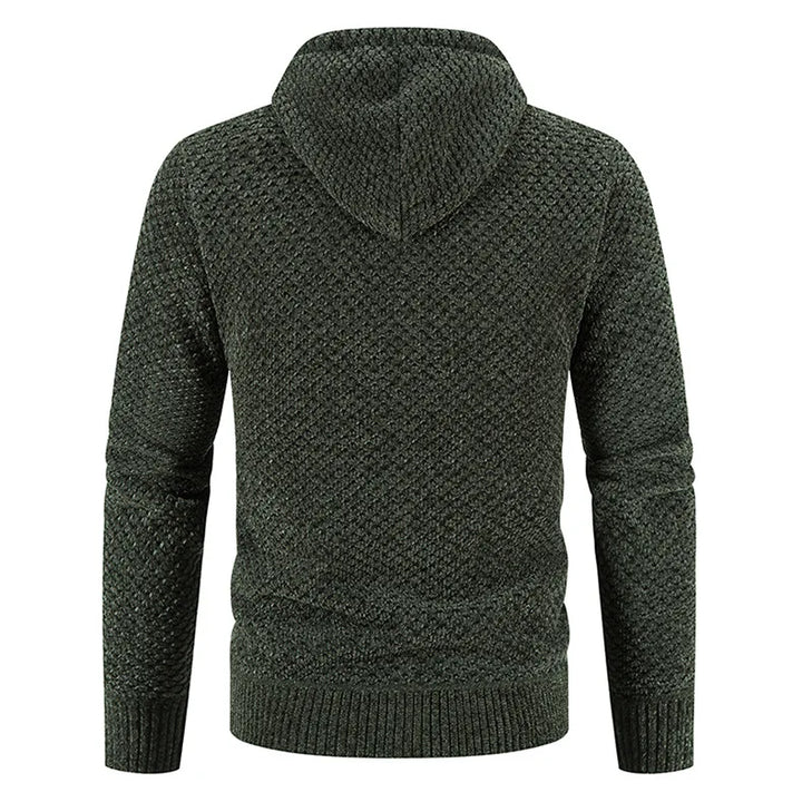 Cardigan homme texturé à zip et capuche, offrant chaleur et style pour les journées froides d'hiver.