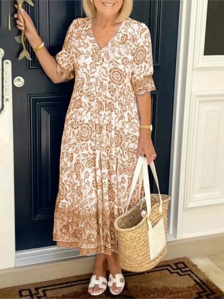 Robe longue florale polyvalente pour femme, coupe fluide, col en V. Parfaite pour le printemps, l'été, casual ou chic.