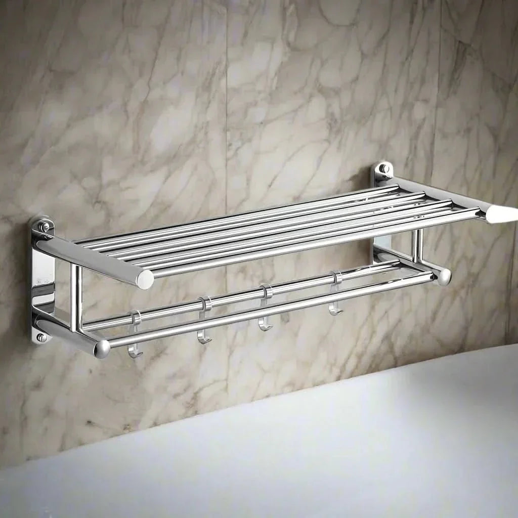 Rangement mural robuste en acier inoxydable brossé pour serviettes de douche, design et durable.