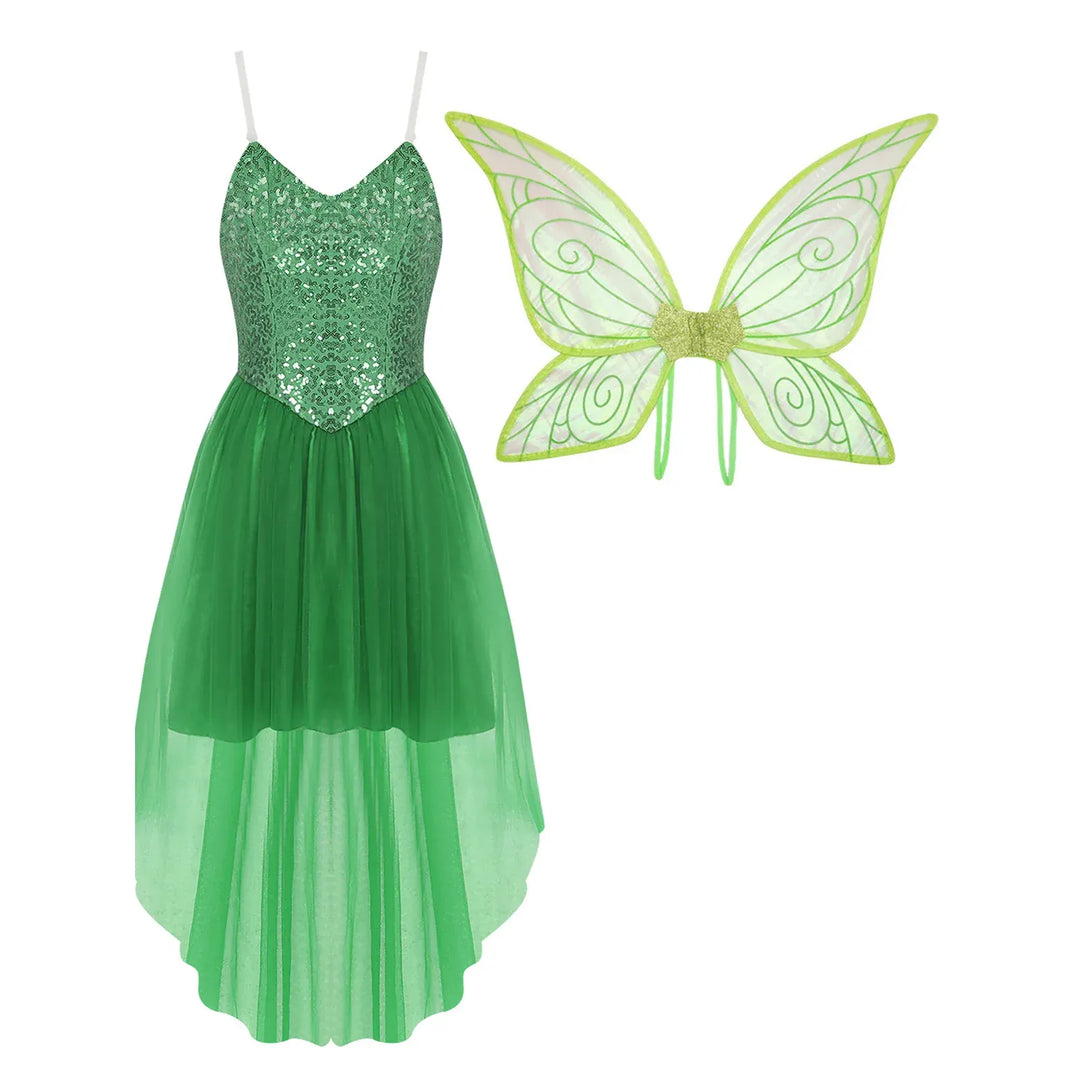 Femme portant le déguisement féerique de Clochette adulte avec ailes à paillettes, pour une soirée costumée.