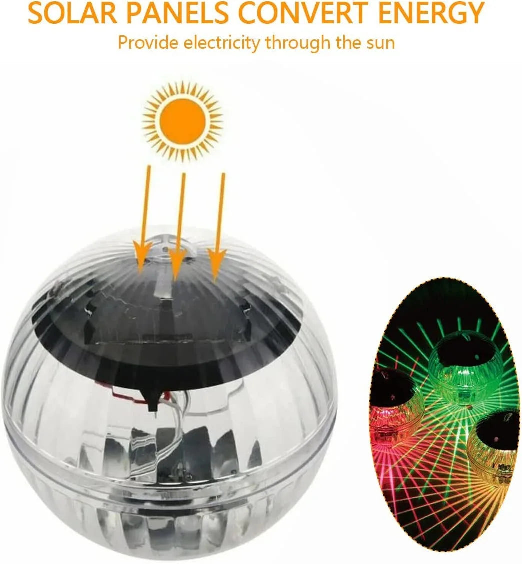 Boule lumineuse solaire flottante RGB, idéale pour piscine, bassin ou jardin. Éclairage décoratif LED autonome.