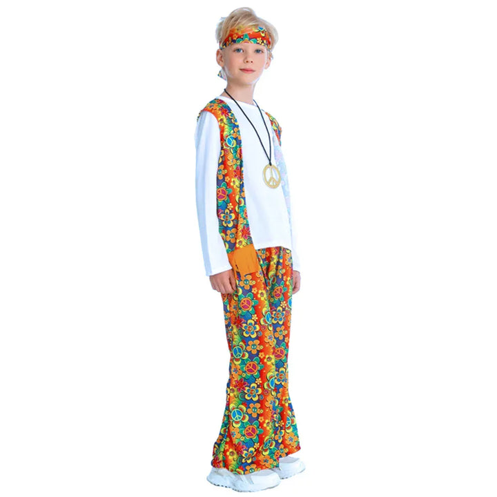 Enfant souriant en costume hippie des années 70, idéal pour Halloween, une fête déguisée ou un spectacle.
