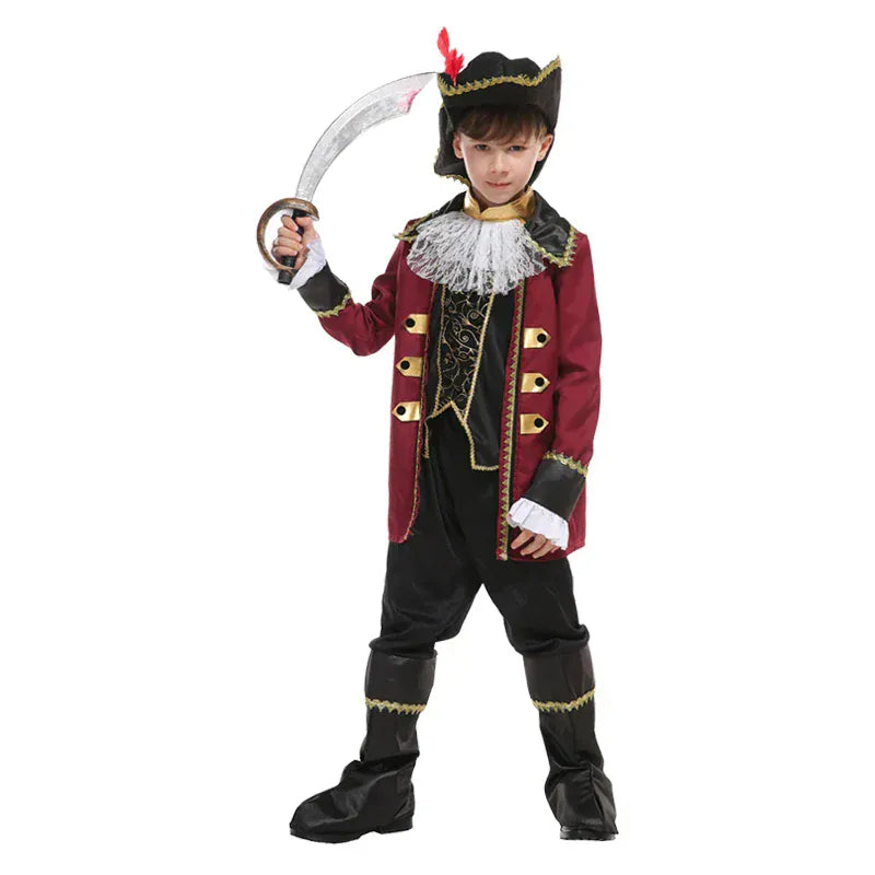Tenue complète de capitaine pirate pour enfant : chapeau, chemise, gilet, ceinture. Idéal pour toute fête.