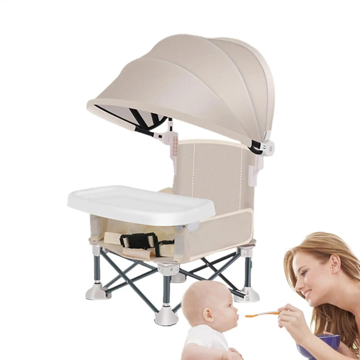 Chaise haute portable et stable pour enfant, dotée d'un plateau et pare-soleil, parfaite pour tout type de repas.
