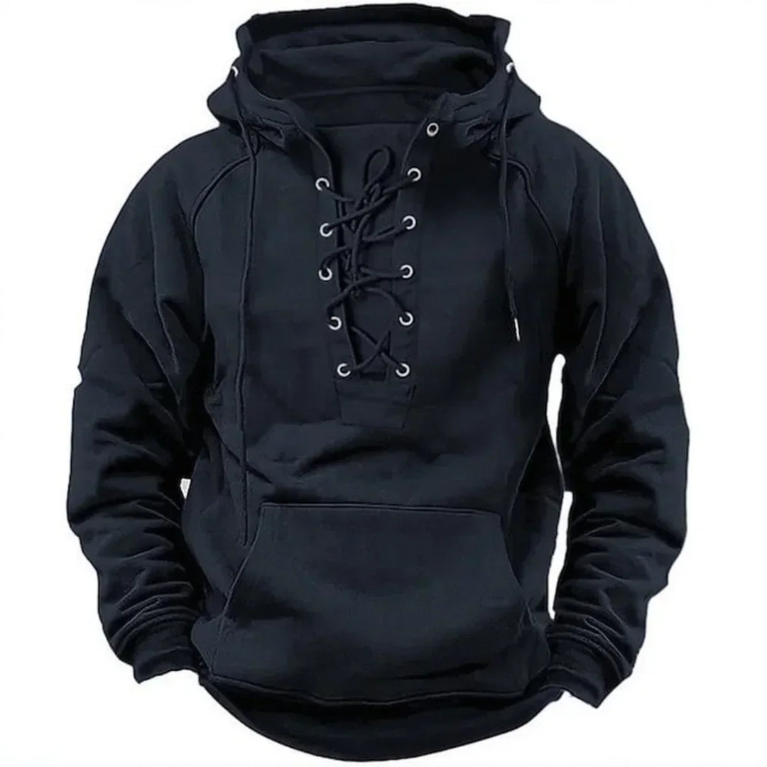 Hoodie homme à lacets, robuste et confortable pour le plein air. Un essentiel décontracté pour les saisons froides.