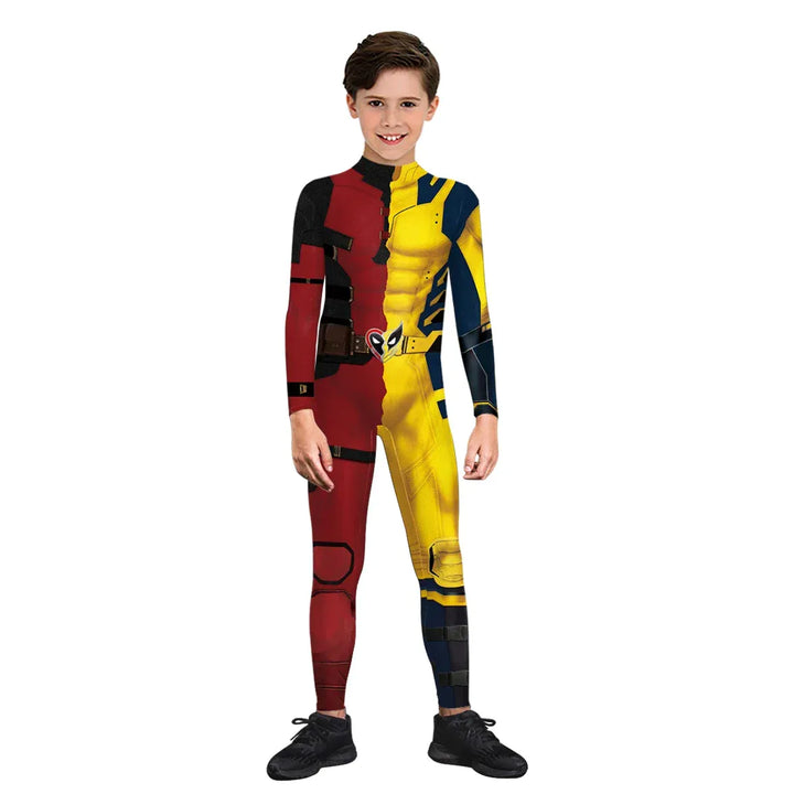 Costume super-héros enfant, combinaison ajustée Deadpool/Wolverine pour cosplay et fêtes. Déguisement extensible, confortable.