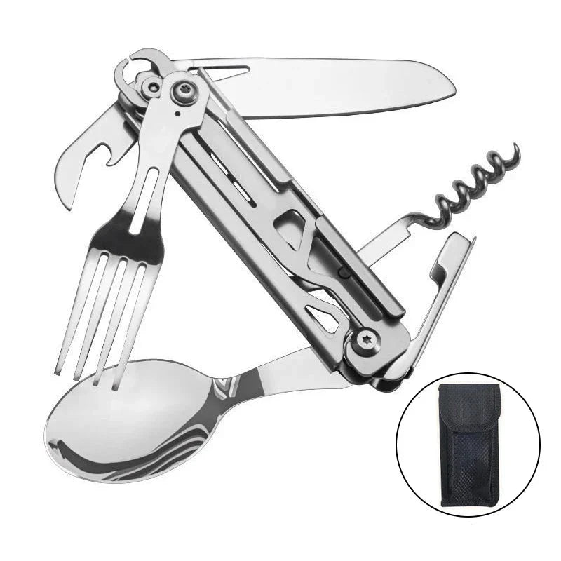 Set de couverts de camping multifonction en acier inoxydable, idéal pour pique-nique et randonnée.