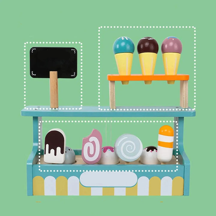 Jeu de comptoir glace en bois pour enfant, favorisant l'apprentissage par le jeu et le développement social.