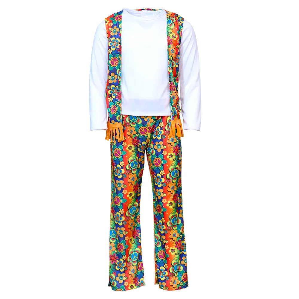 Tissu imprimé coloré d'un costume hippie enfant, avec motif psychédélique typique des années 70.