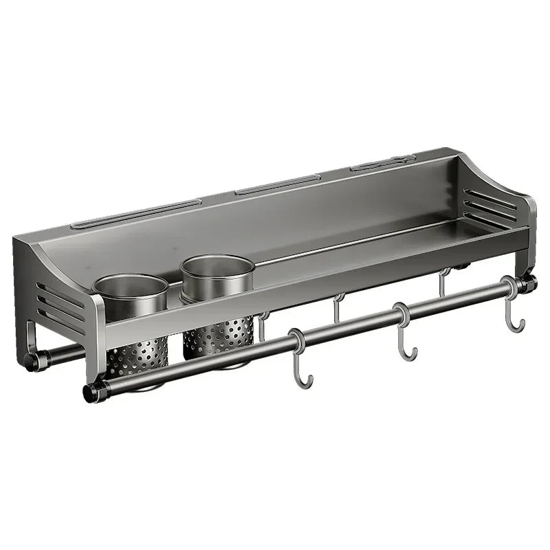 Étagère murale élégante en acier pour cuisine, optimise l'espace pour ranger épices, bocaux et ustensiles.
