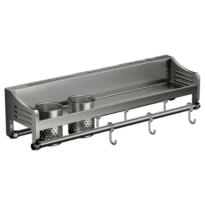 Étagère murale élégante en acier pour cuisine, optimise l'espace pour ranger épices, bocaux et ustensiles.